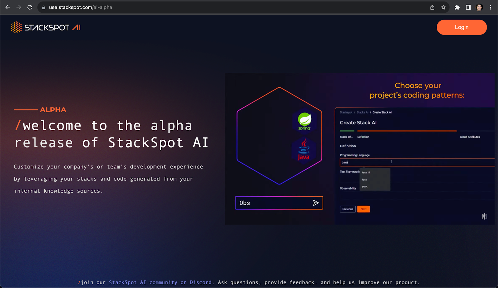 Imagem do artigo sobre modernização de legado mobile com  captura de tela da página de StackSpot AI Alpha com o texto em destaque à esquerda Welcome to the alpha release of StackSpot AI. Ao centro temos um polígono com os símbolos de Sping e Java dentro. Do lado direito, está escrito Choose your project’ coding patterns e uma captura de tela da própria plataforma.