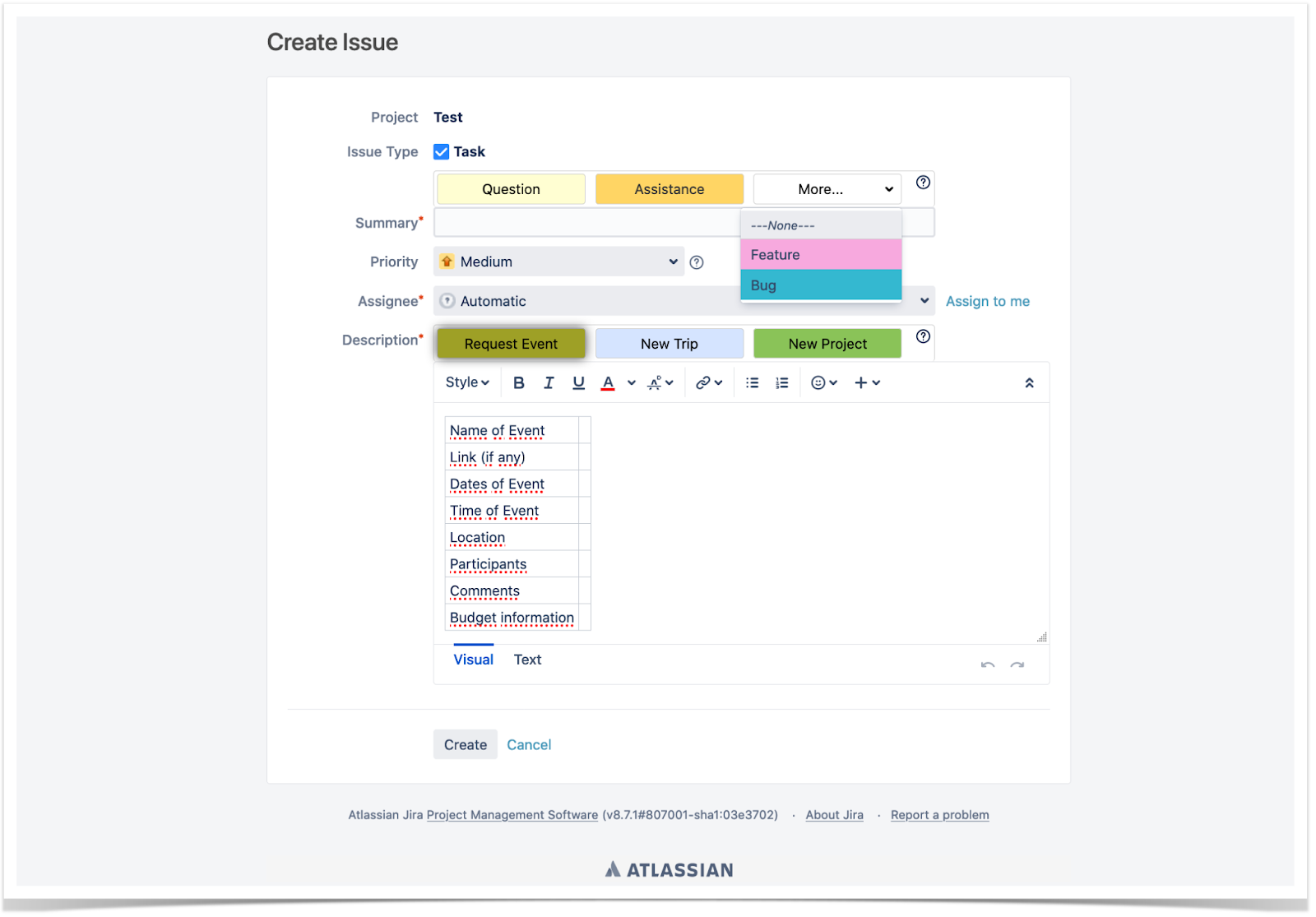 A screenshot of a Jira issue template.