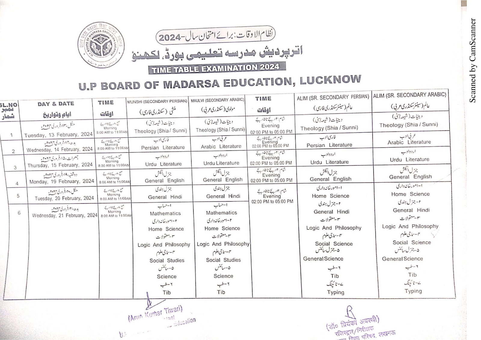 UP Madarsa Board Maulvi Examination Datesheet 2024