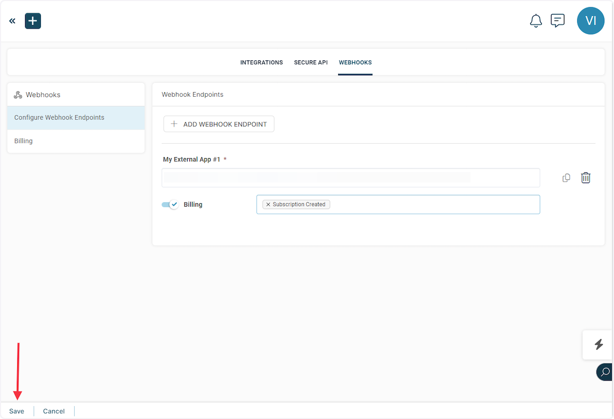 And finally, click on the 'Save' button at the bottom to save the webhook.
