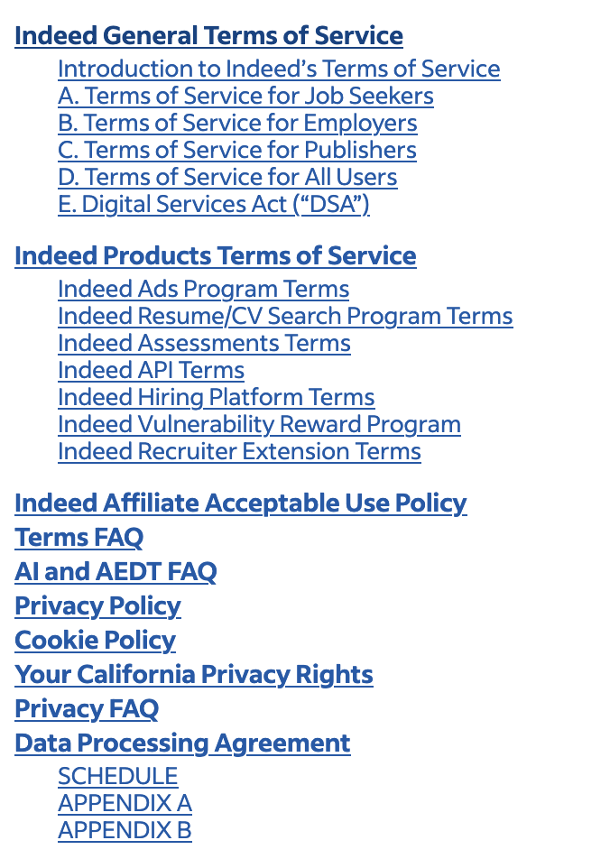 Indeed's organized customer service policy table of contents example