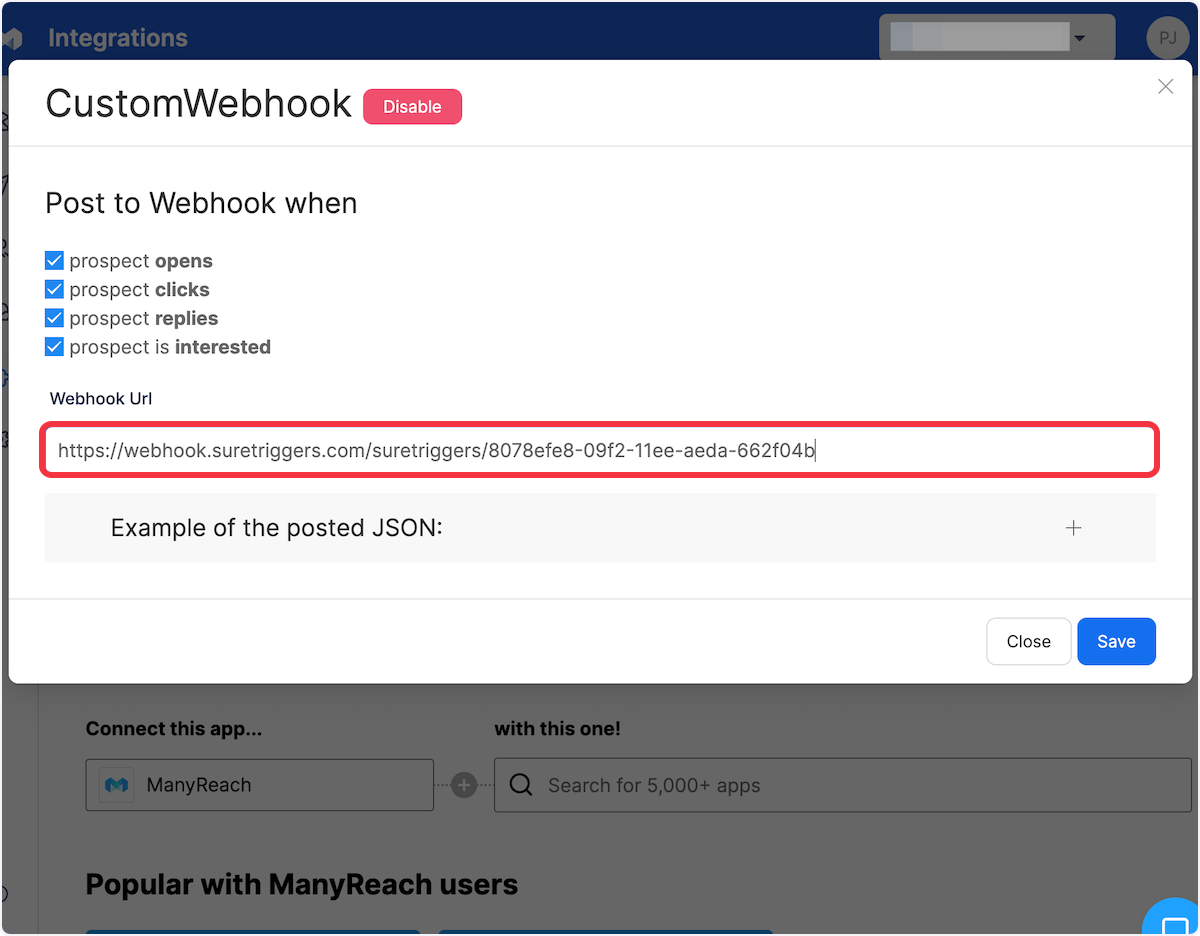 Copy and paste the webhook URL into the "Webhook URL" field.