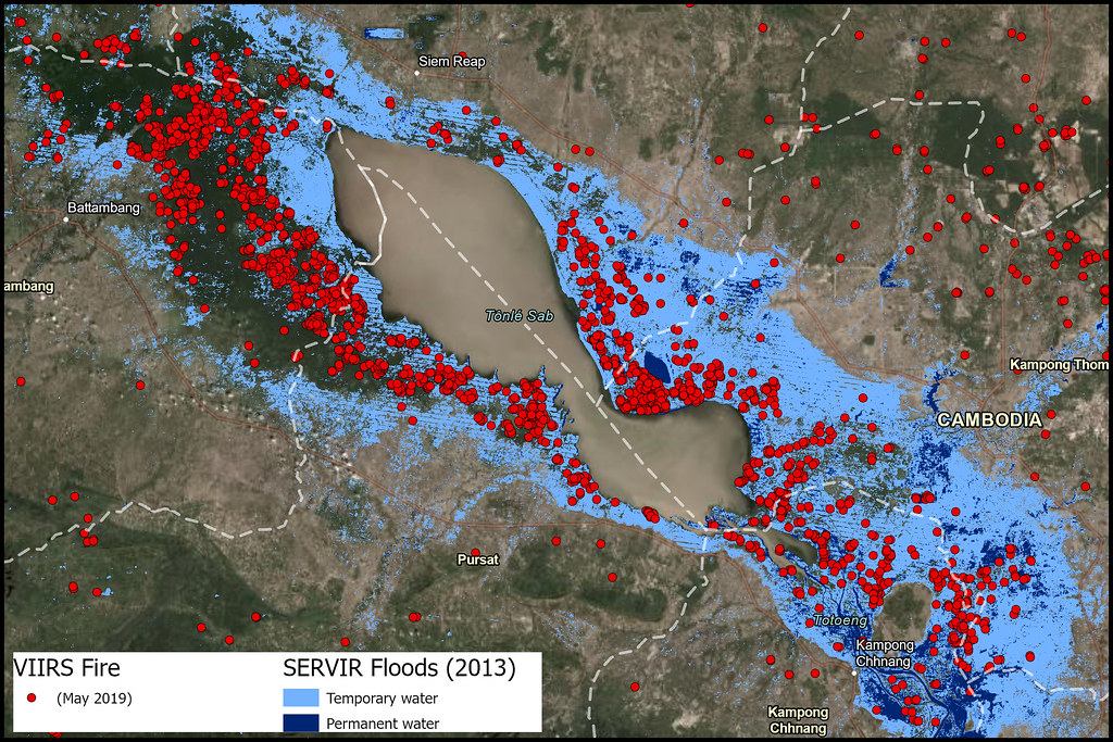 Mappa dei fuochi e degli allagamenti sul Tonle Sap