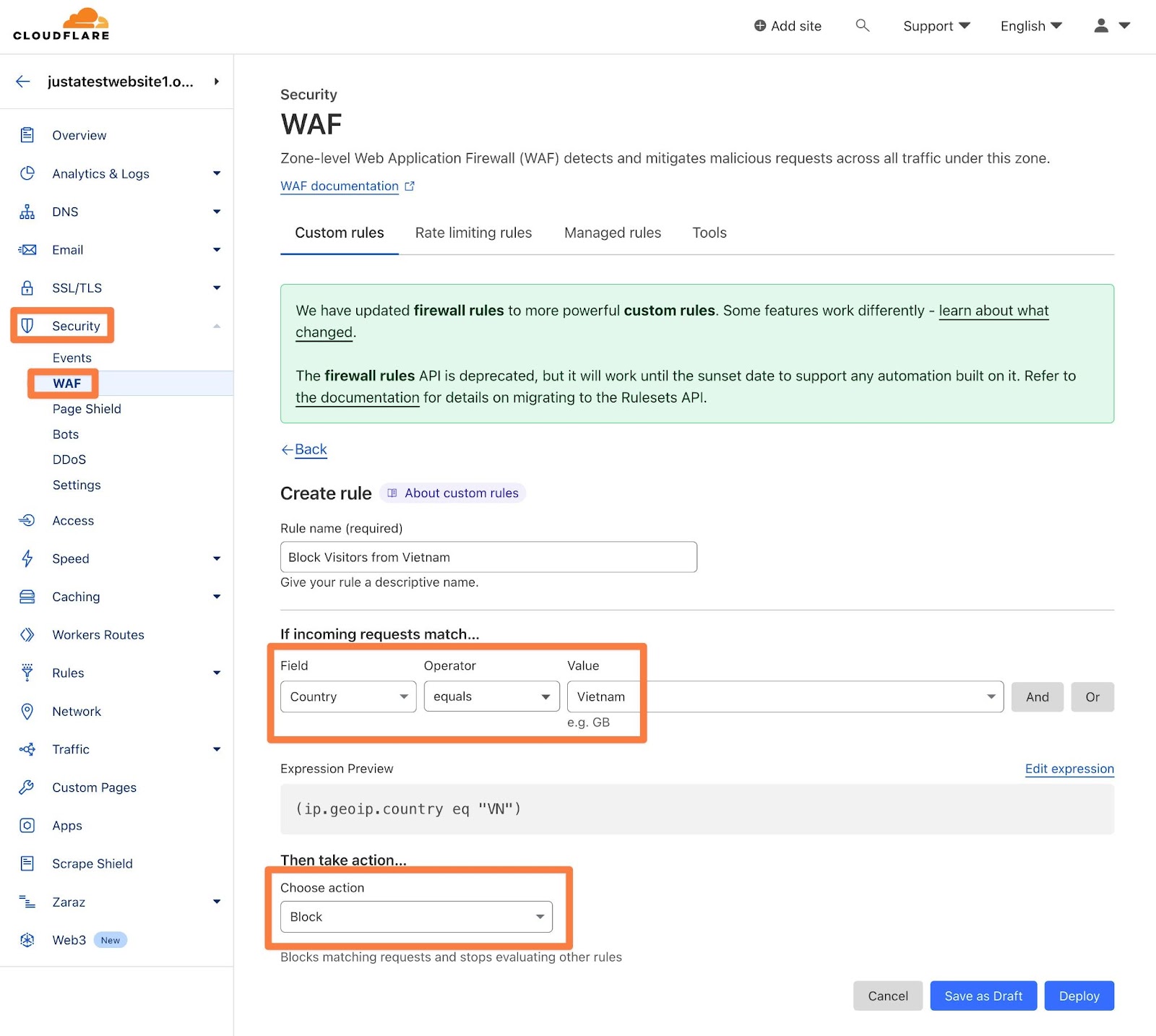 How to block countries using Cloudflare WAF.