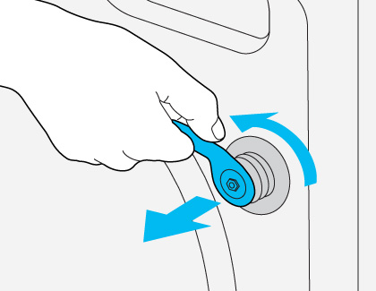 An illustration of a shipping bolt be removed by turning counterclockwise and pulling outwards.
