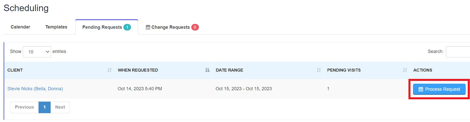 screenshot of pending request tab with a box around process request button