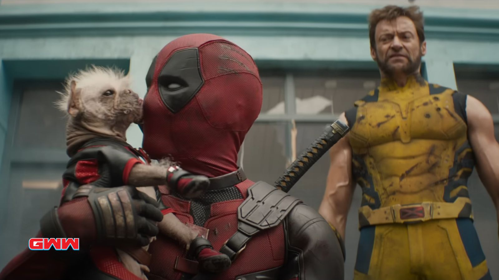 Deadpool in a funny scene with a small dog from Deadpool 3 trailer