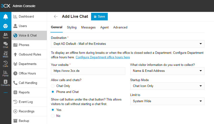 Configuração do 3CX Live Chat no Console de Administração
