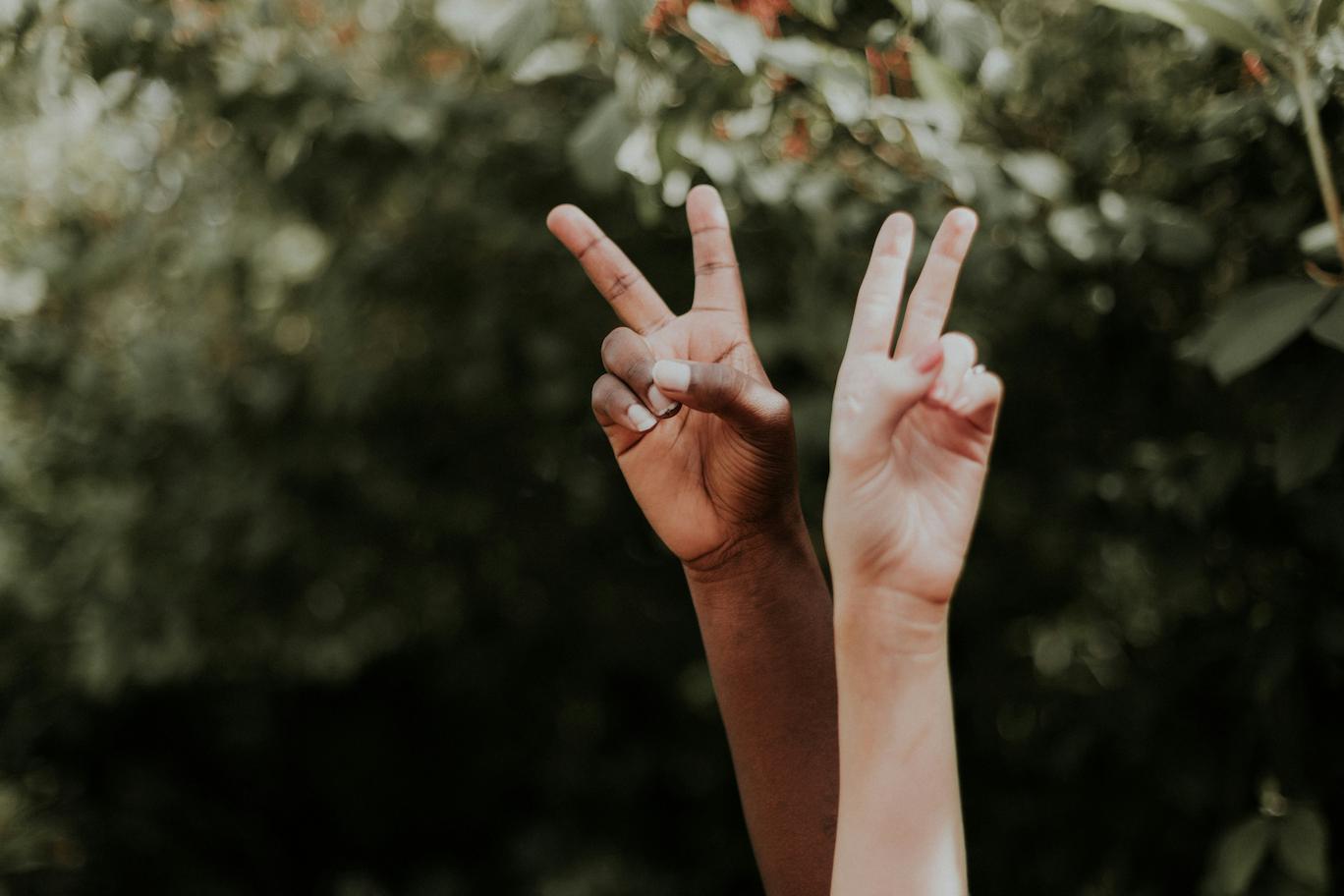 Two hands -- one from a black and another looking fair -- both up in the air showing a peace sign, symbolizing equality among races -- a core theme of famous black speakers' message.
