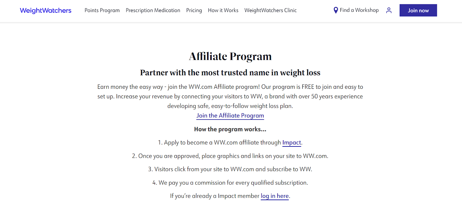 Weight Watchers affiliate program website home page