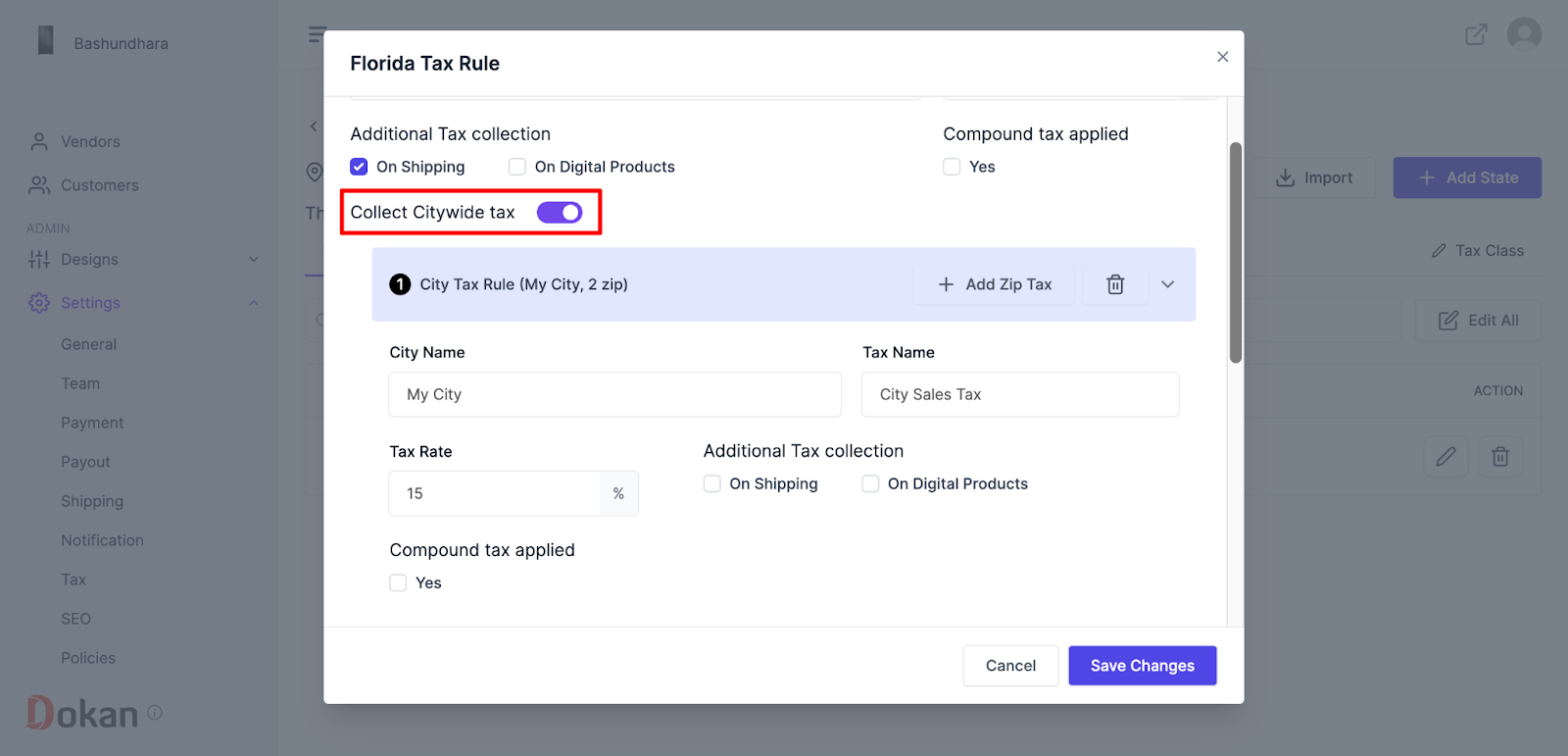 A screenshot to collect citywise tax