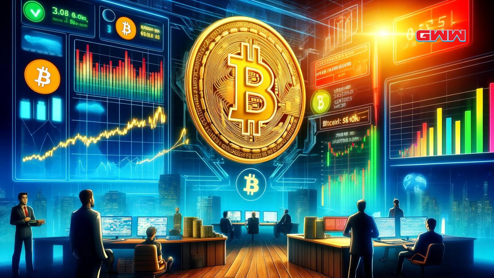A vibrant digital scene depicting Bitcoin's price holding strong at $66.9K