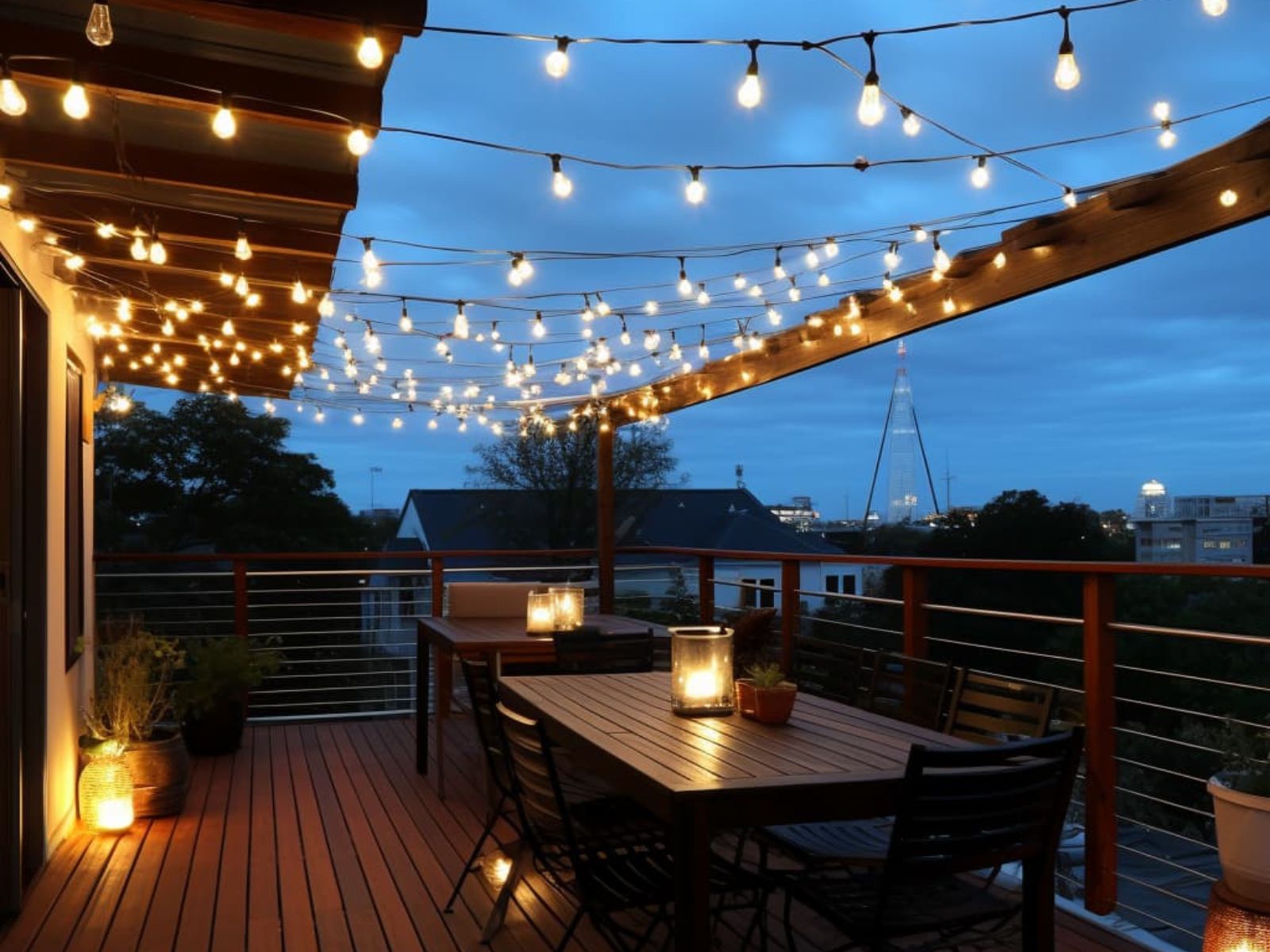 A balcony decorated with bulb string lights and lamps