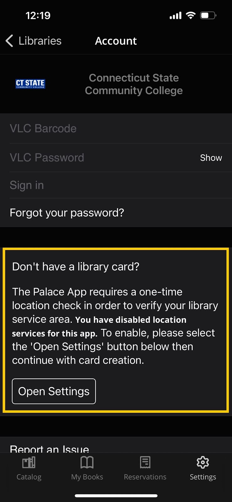 An image of the settings screen in the event that the user does not allow the app to use their location at setup.  The note reads, "The Palace App requires a one-time location check in order to verify your library service area.  You have disabled location services for this app.  To enable, please select the 'Open Settings' button below then continue with card creation."