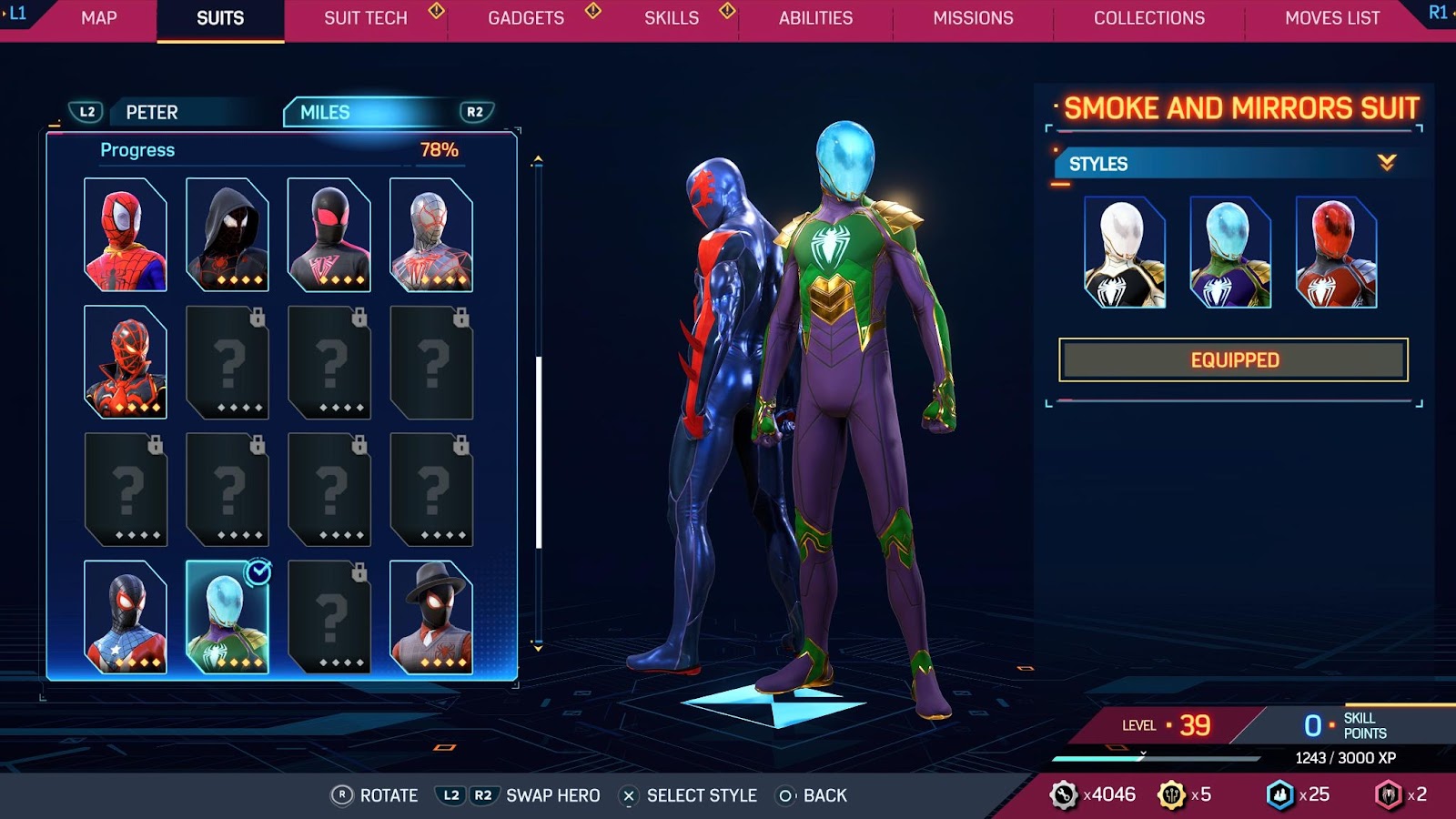 An in game screenshot of Miles Morales in the Smoke and Mirrors suit within the suit menu from Marvel's Spider-Man 2