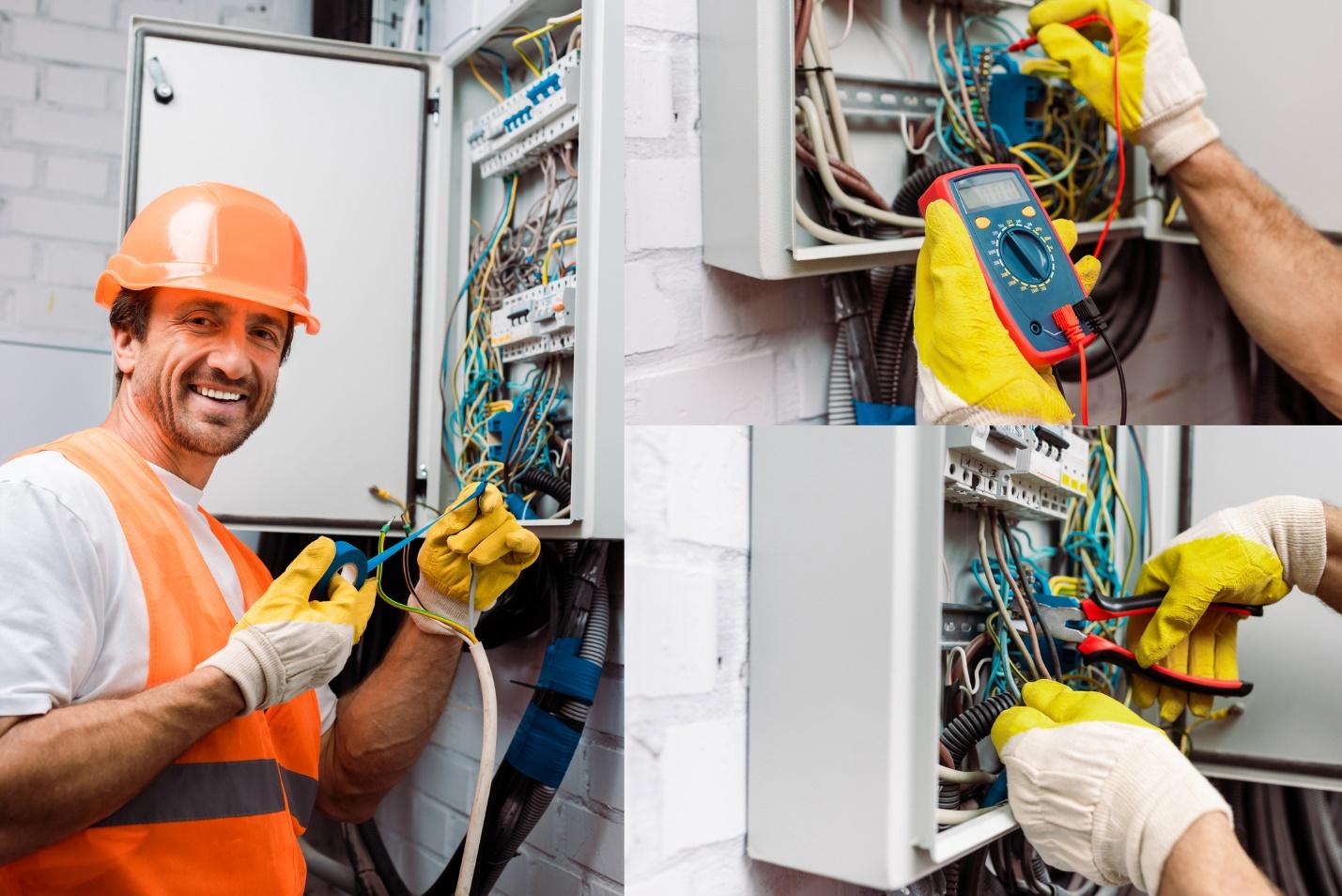 A person in orange vest and gloves working with wires

Description automatically generated