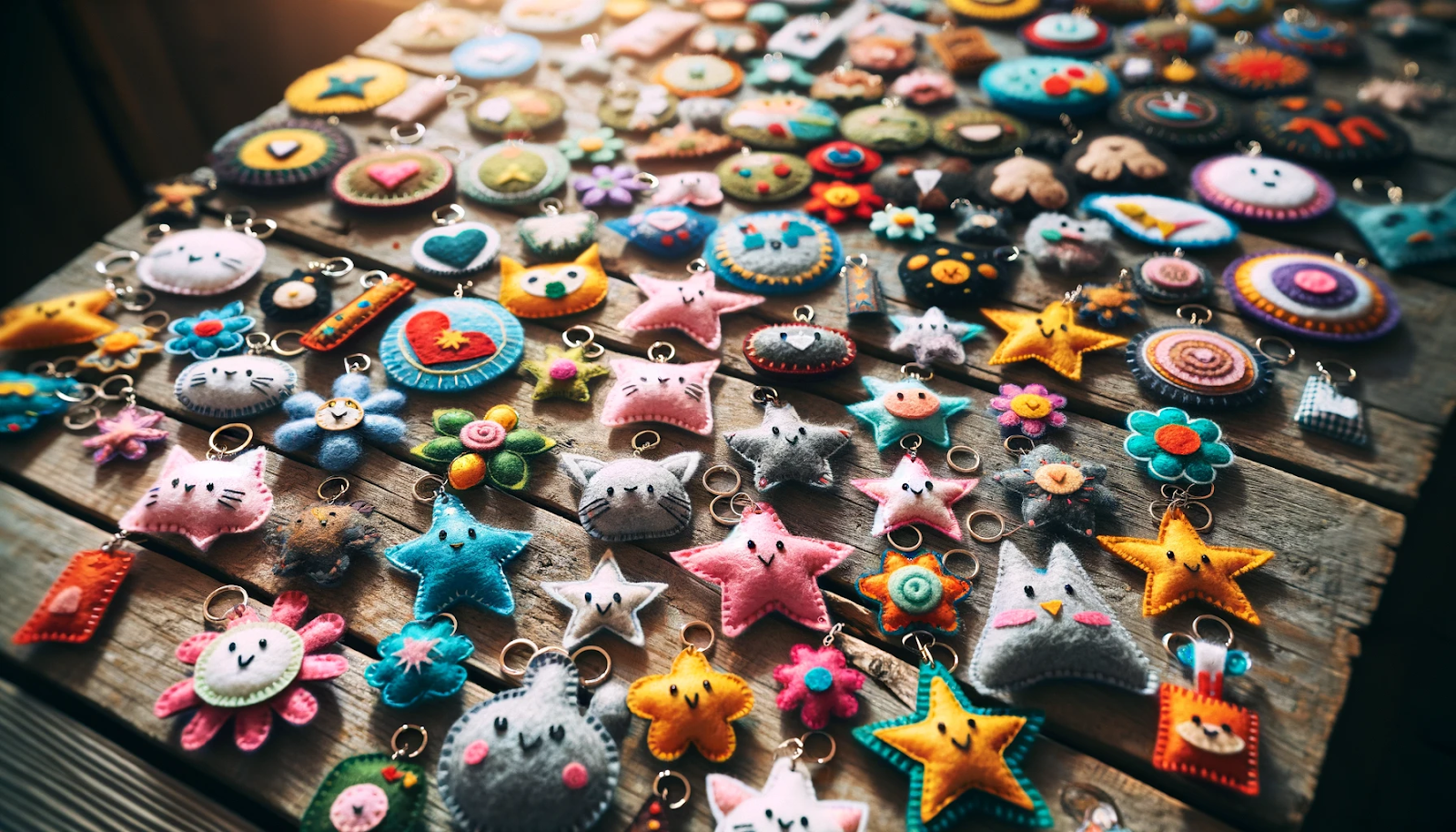 Uma variedade de chaveiros de feltro feitos à mão em vários formatos, como estrelas, animais, símbolos e letras iniciais