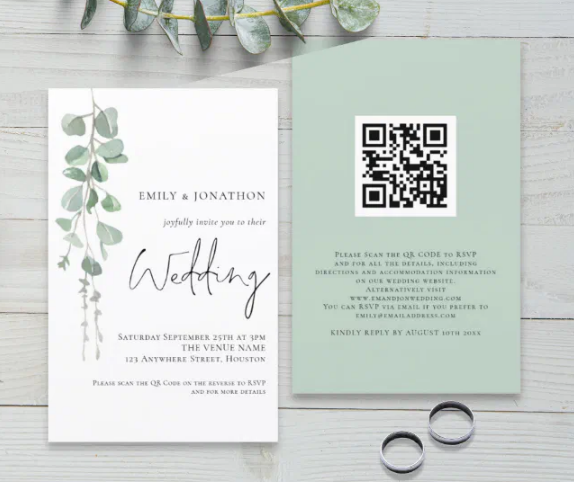 Paper wedding invitation that includes a QR code to provide guests with RSVP and other details