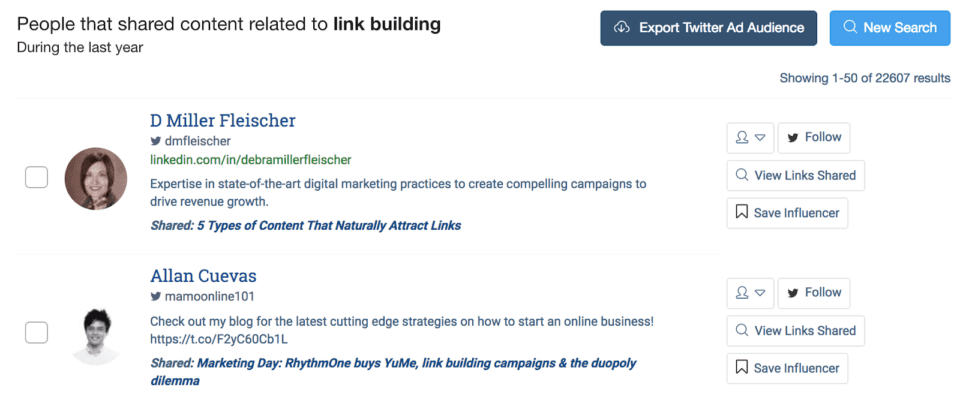 BuzzSumo seo automation tool showing results for content related to link building