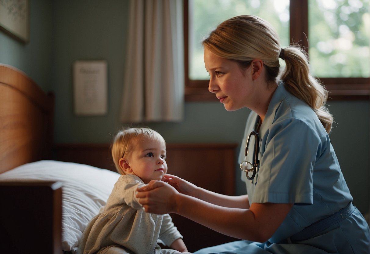 A pediatric nurse calmly redirects a child's attention from a stressful situation, using gentle gestures and soothing words