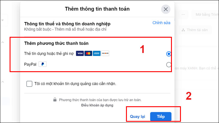 Chọn Thêm thông tin thanh toán > Chọn Thêm phương thức thanh toán