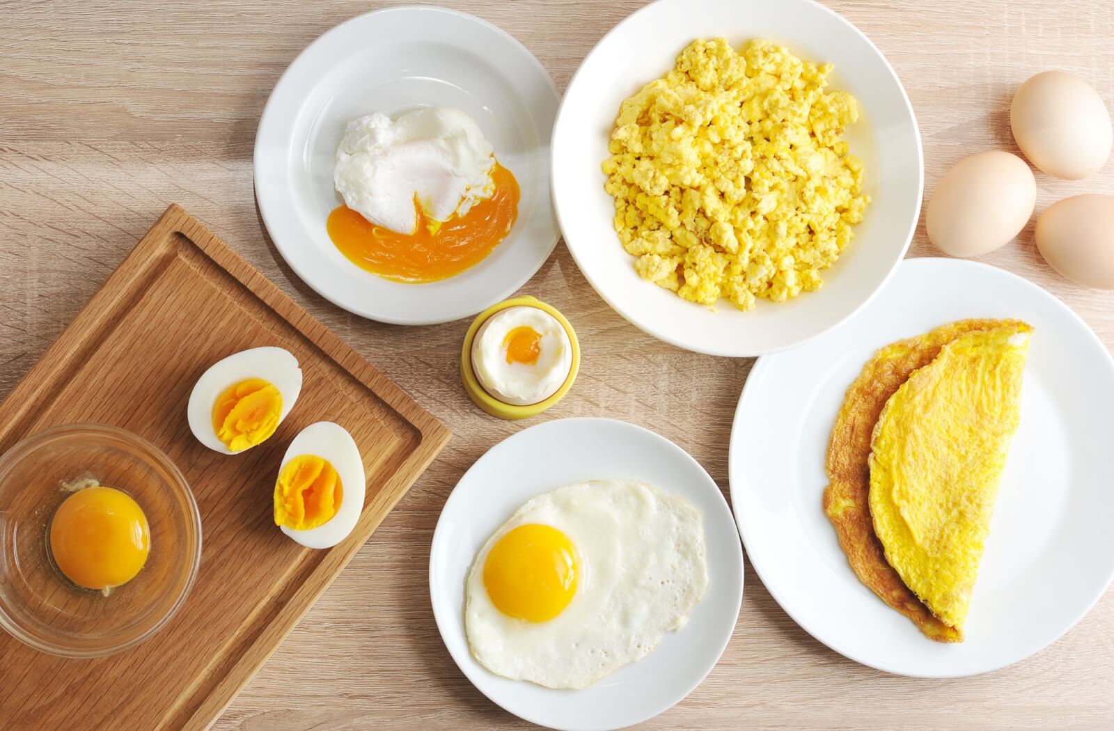 An assortment of eggs prepared in various ways.