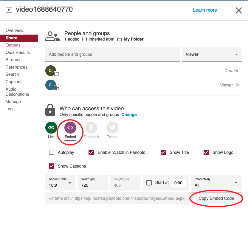 Screenshot of Panopto Share settings menu with the “Embed” and “Copy Embed Code” buttons circled.