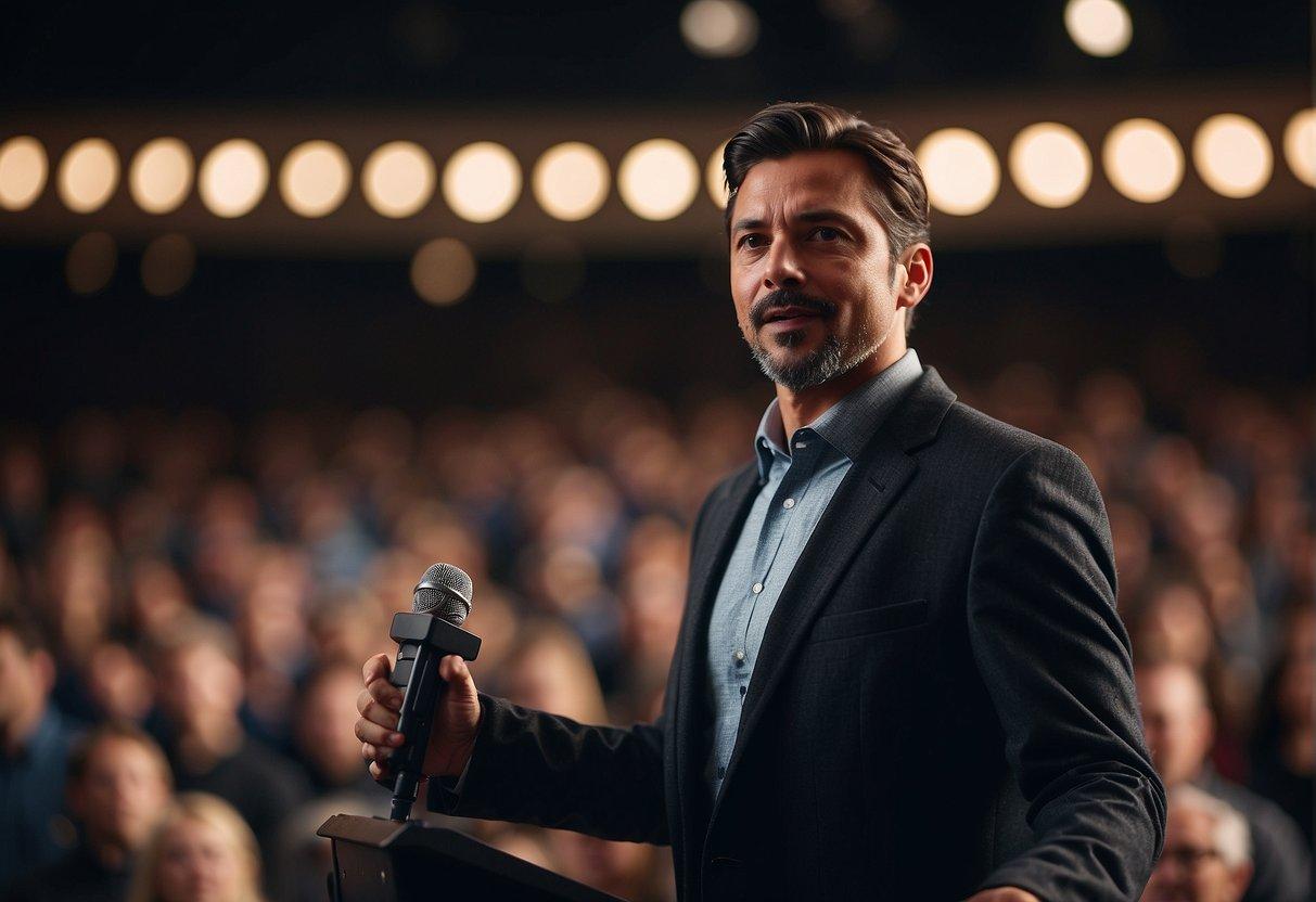 A person stands confidently on a stage, addressing a large audience. A microphone and podium are prominently featured, with the audience engaged and attentive