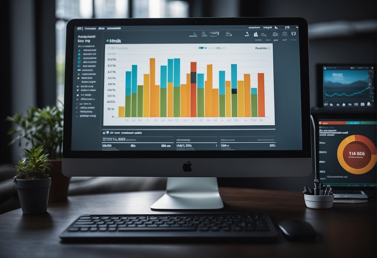 A computer screen displaying image SEO tools and alt text optimization. Graphs and charts show enhanced visibility