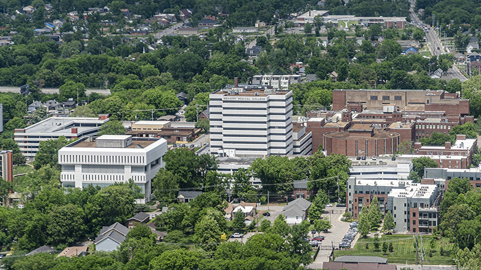 Aerial view of Meharry Medical College campus, showcasing its buildings, green spaces, and surrounding area.