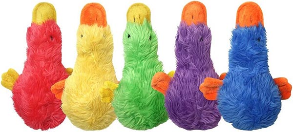 Photo of multi-colored stuffed duck dog toys