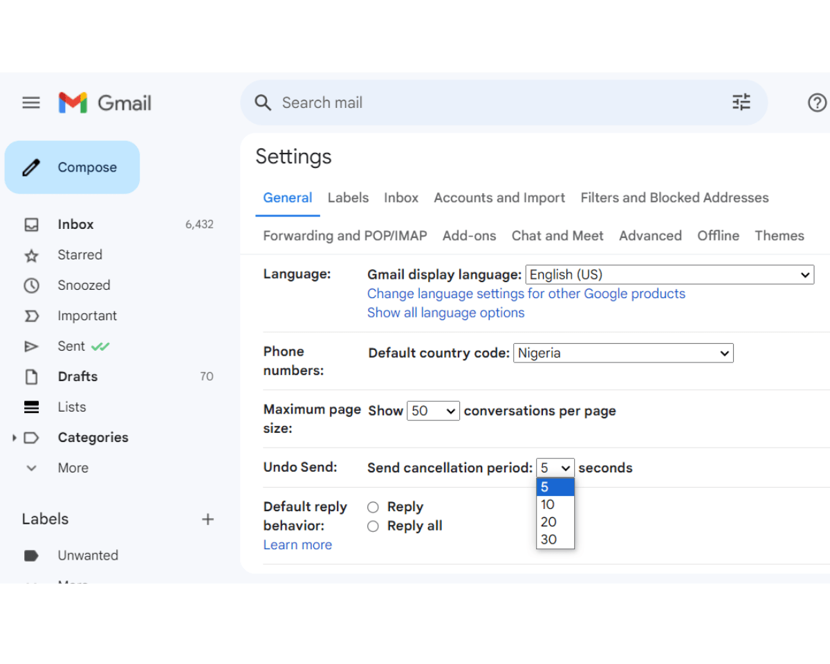 Choose Send cancellation period from 5 to 30 seconds