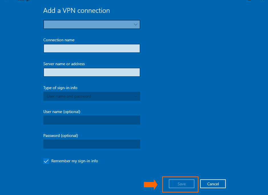 Windows VPN configuration fields screen with Save highlighted.