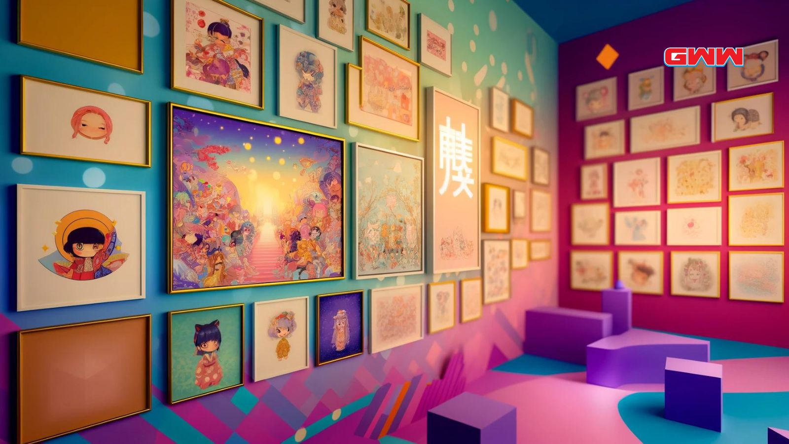 Gallery wall with various cute anime art styles