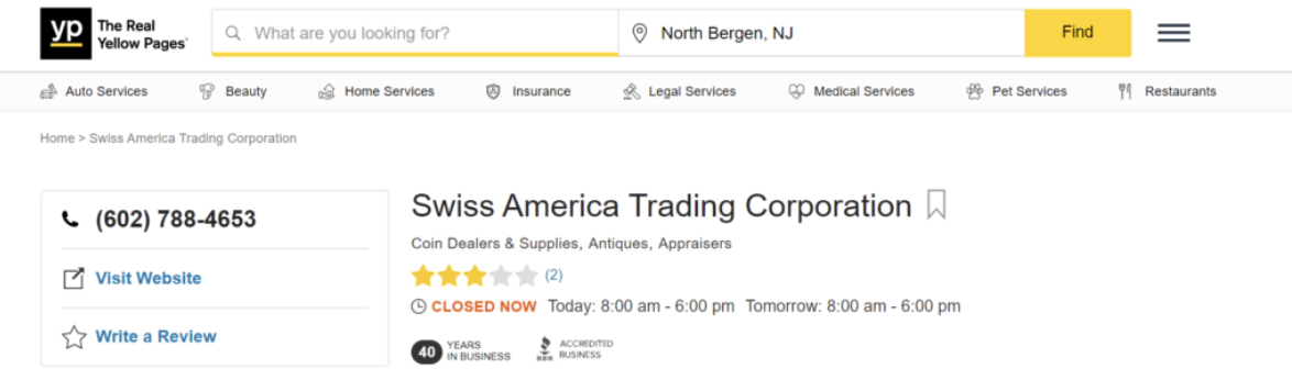Swiss America Trading Corp complaints on YP