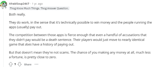 A Redditor responding that the bingo for cash games aren't a scam but that you're still unlikely to make much if any money from them. 
