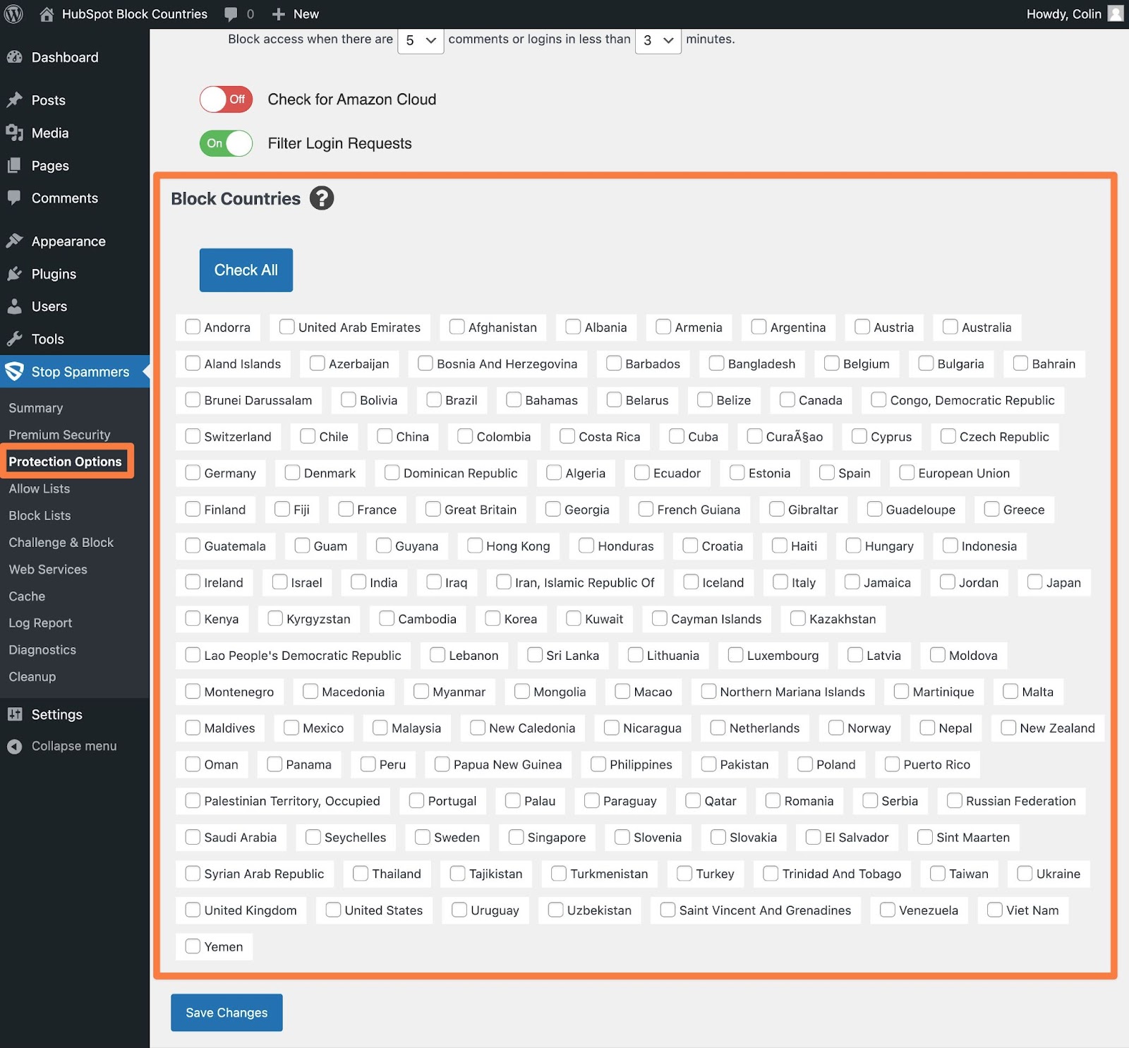 How to block countries from your site in Stop Spammers