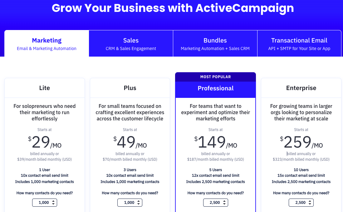 ActiveCampaign pricing plans