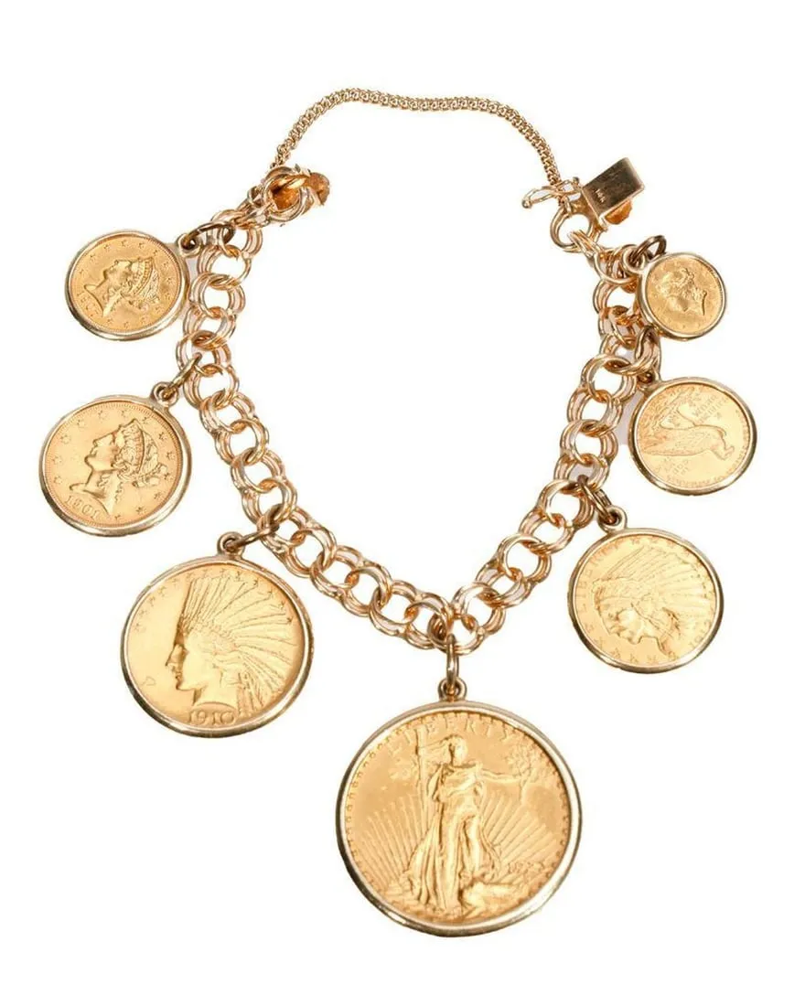 A gold coin bracelet with many coins

Description automatically generated