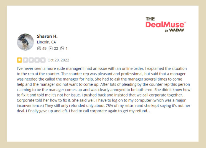 a screenshot of DSW poor review by Sharon H. at yelp complaining about the rude manager and not refunding the full amount of the product returned