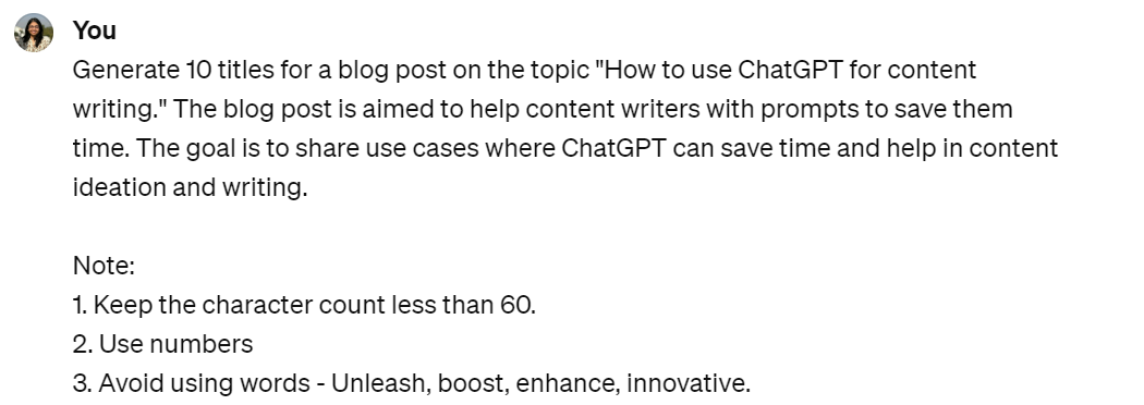 Image of ChatGPT Prompt for writing blog post titles.