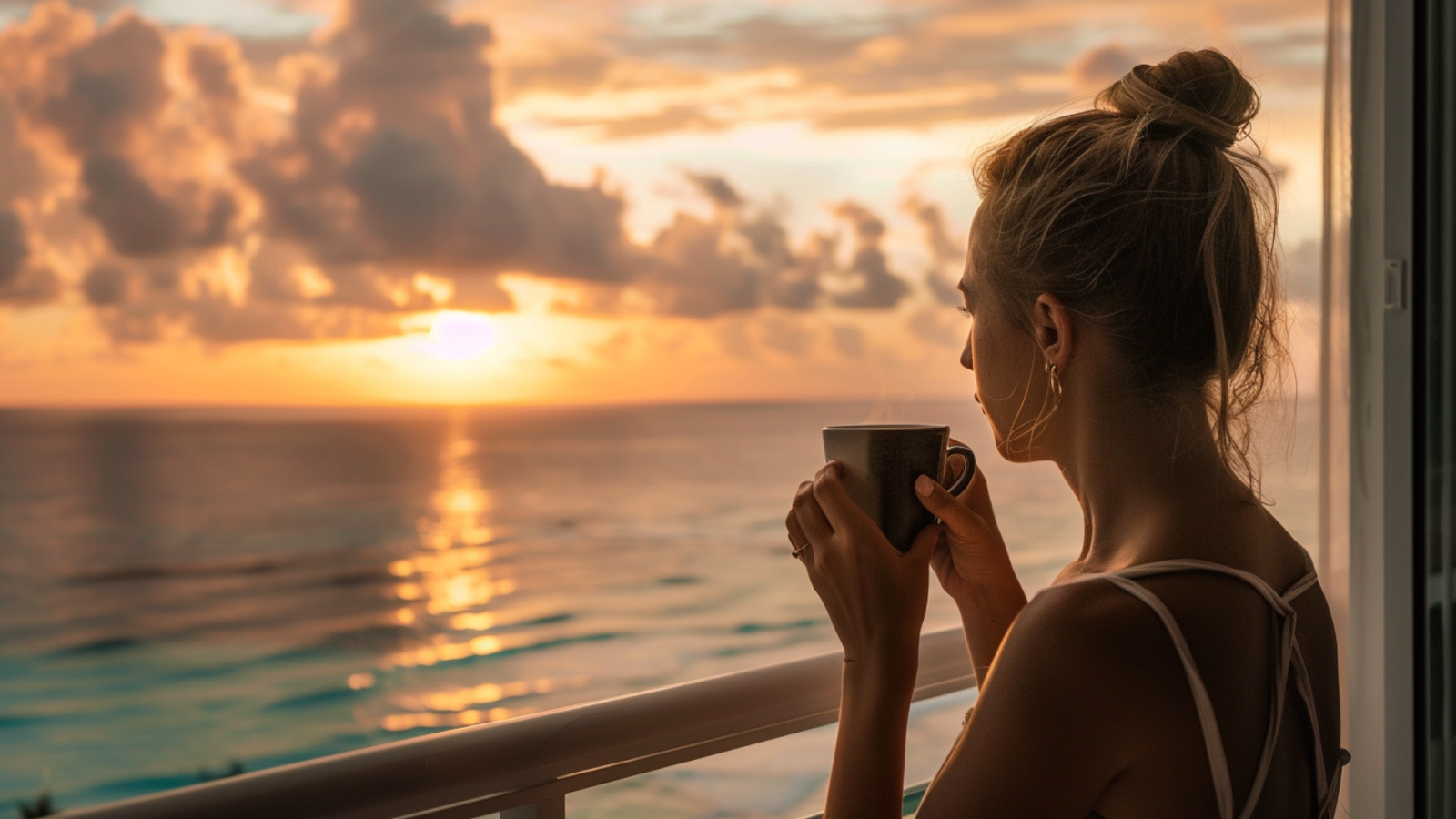 A woman holding a cup of coffee while watching the sunrise in Cancun