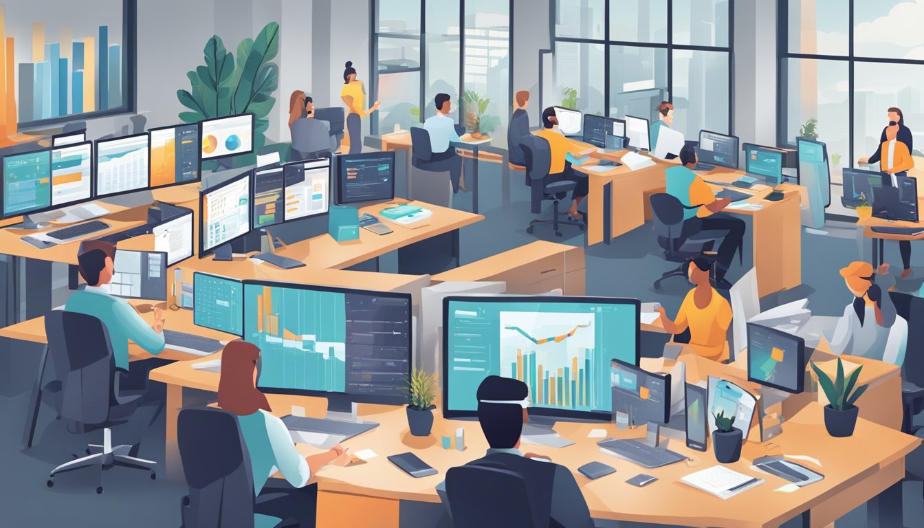 A bustling office with employees analyzing data, adjusting ad campaigns, and monitoring performance metrics on multiple screens. A sense of urgency and focus fills the room as they manage Amazon Ads