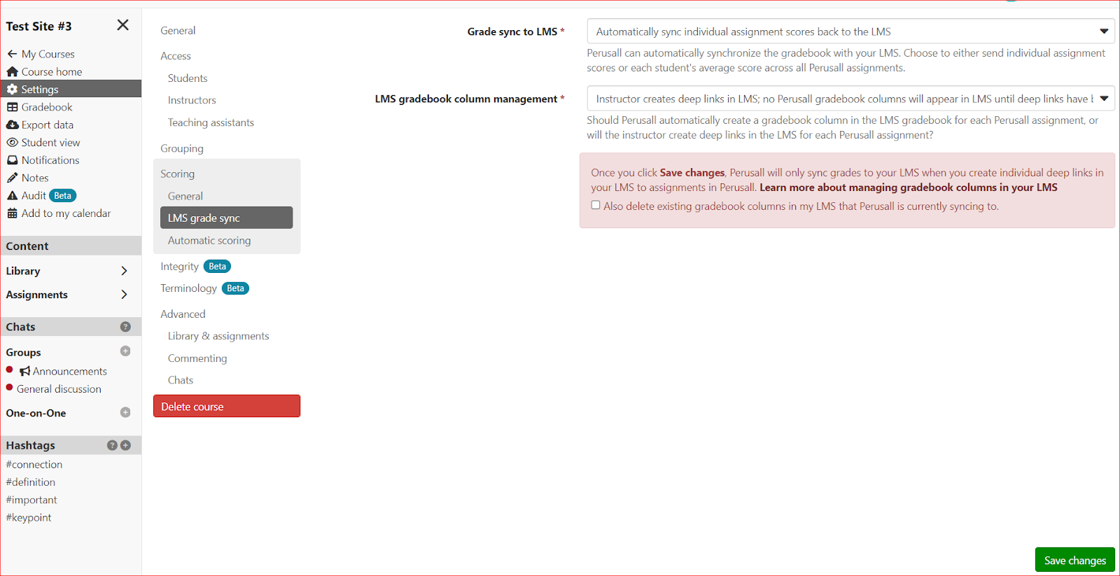 Course page with Settings on the left and LMS grade sync sections highlighted