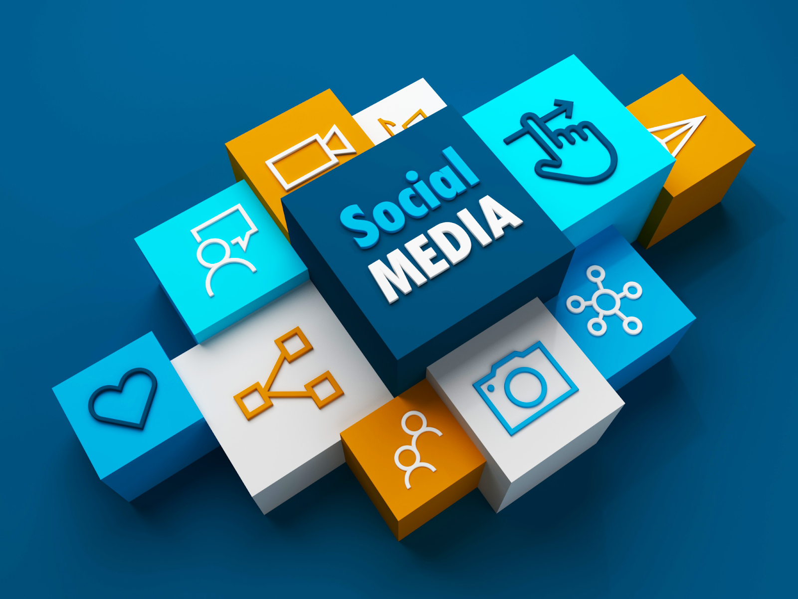 3D blocks with social media icons and the words 'Social Media', representing the integration of different online platforms for reputation enhancement.