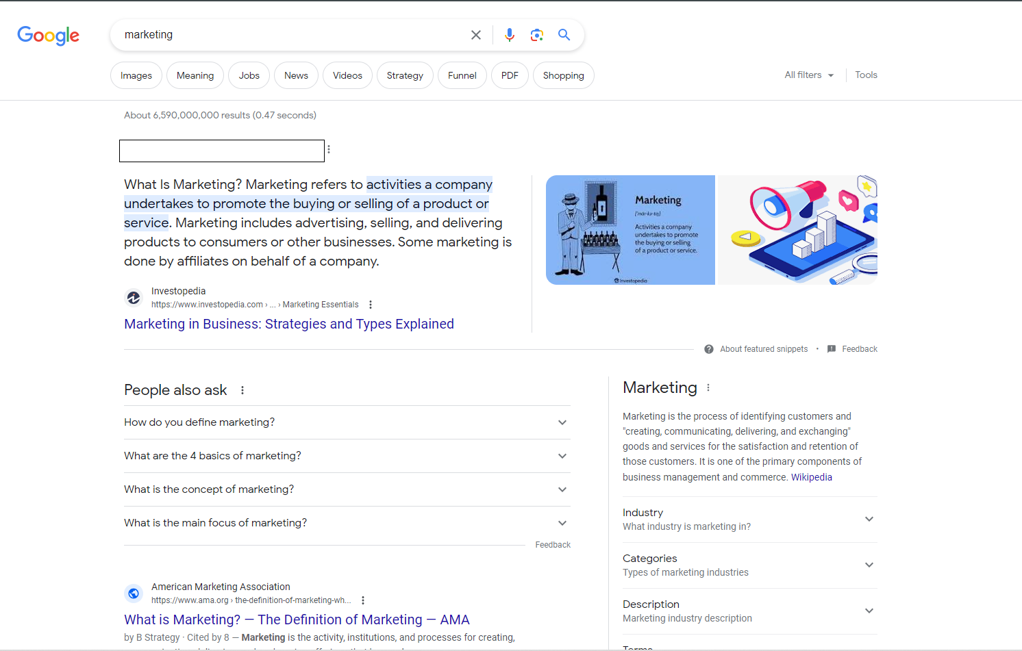Google search results page showing results for Marketing 