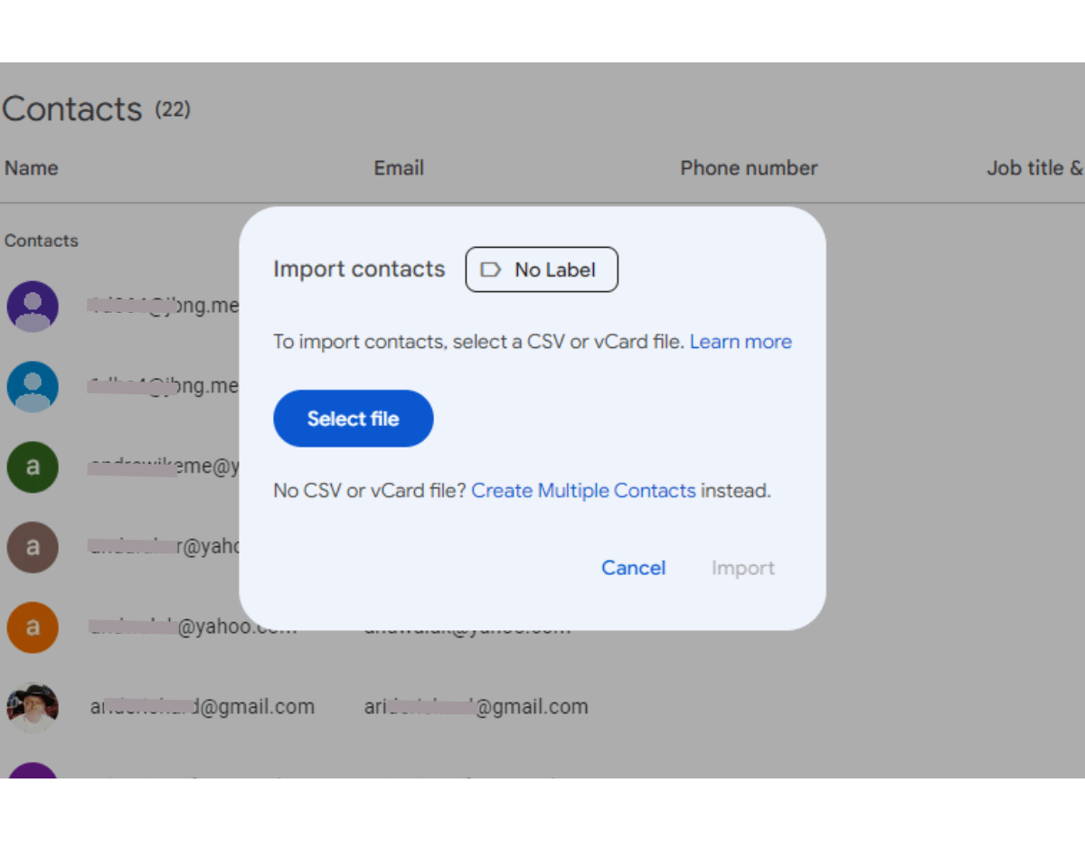 Import Contact pop-up > Select file 