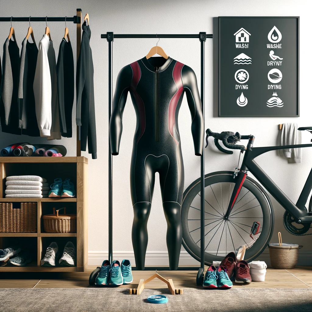 Care symbols float around a high-quality triathlon wetsuit on a hanger, set against the backdrop of an organized sports equipment room featuring various triathlon gear.