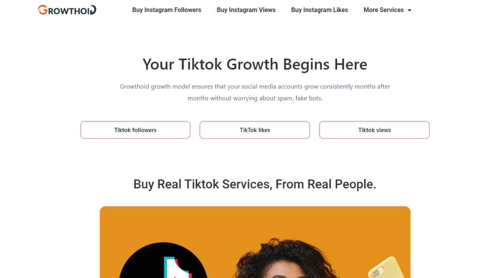 The homepage of Growthoid promoting TikTok growth services, highlighting real followers and engagement.