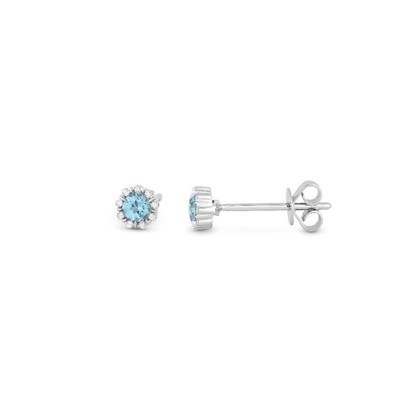 March Birthstone jewelry scallop halo sky blue topaz and diamond earrings